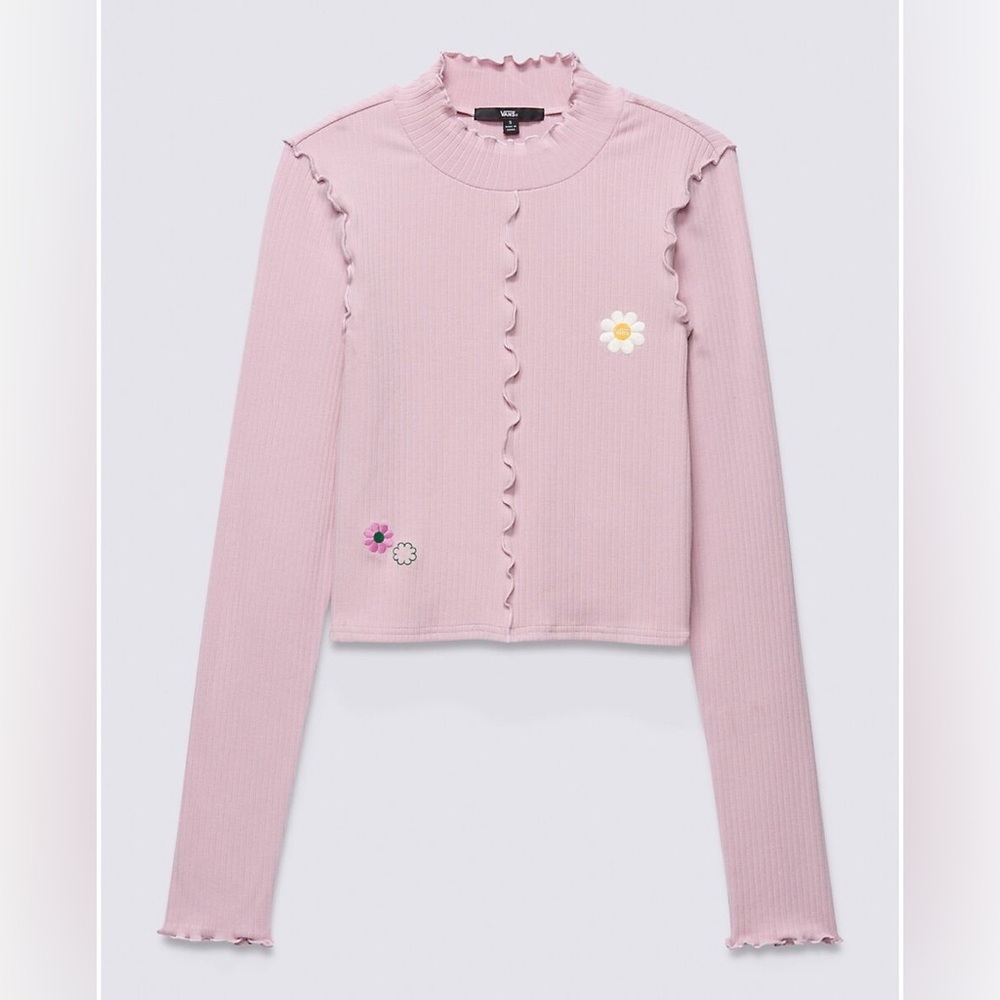 NWT Vans Off The Wall Pink Ruffled Long Sleeve Top Floral Embroidery XL